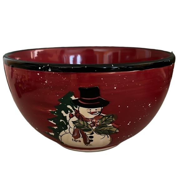 *GIBSON HOME CERAMIC HOLIDAY CHRISTMAS SNOWMEN SNACK BOWL HOLIDAY RED 4”ROUND - Picture 1 of 10